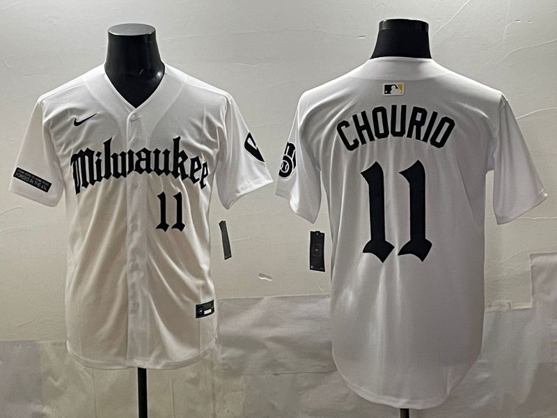Men 2025 Milwaukee Brewers #11 Chourio White Five generations Joint Name Nike MLB Jersey style 08